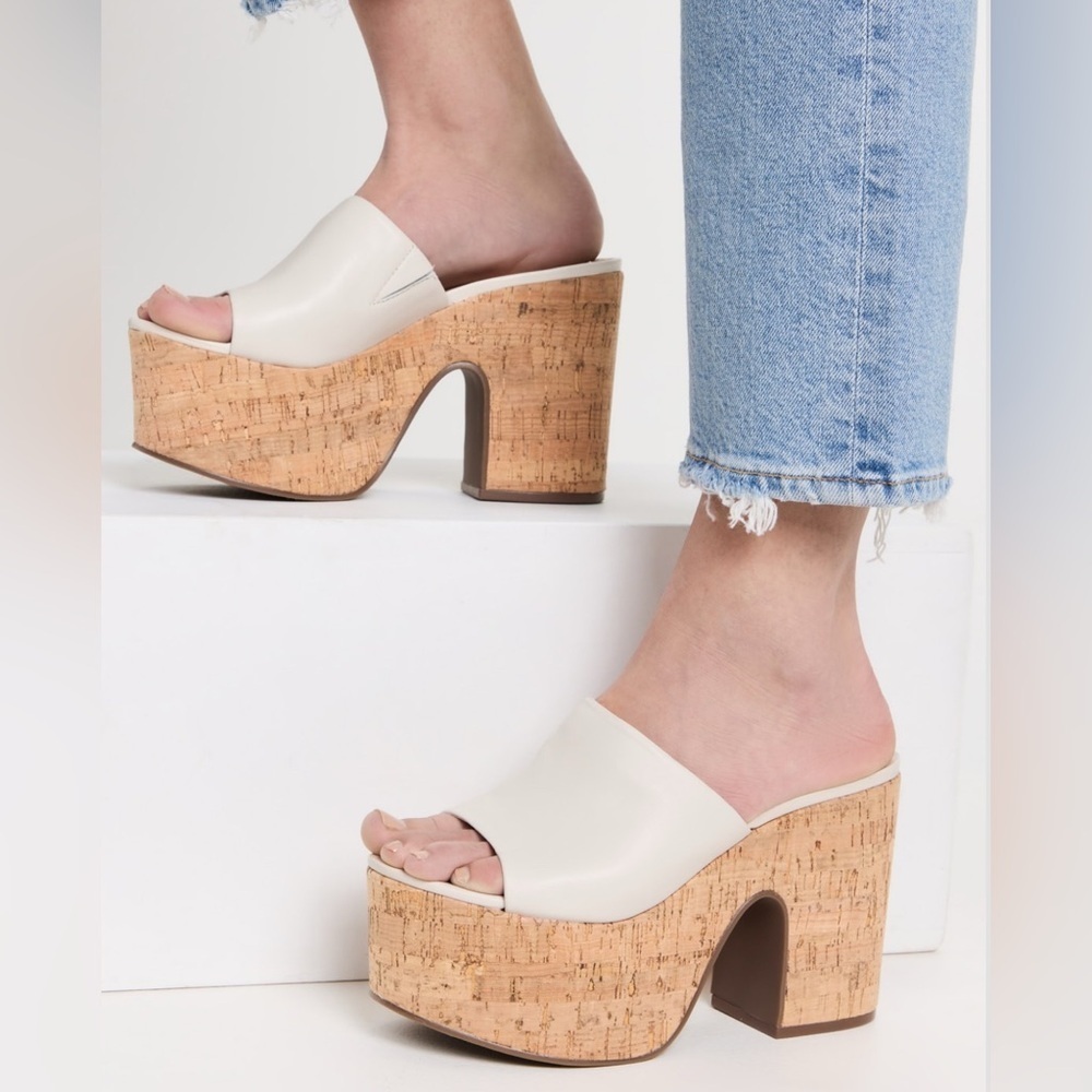 SCHUTZ Dalle Cutout Sandals Cream Cork Block Heel Platform Mules Shoes Size 9.5 - Picture 4 of 12